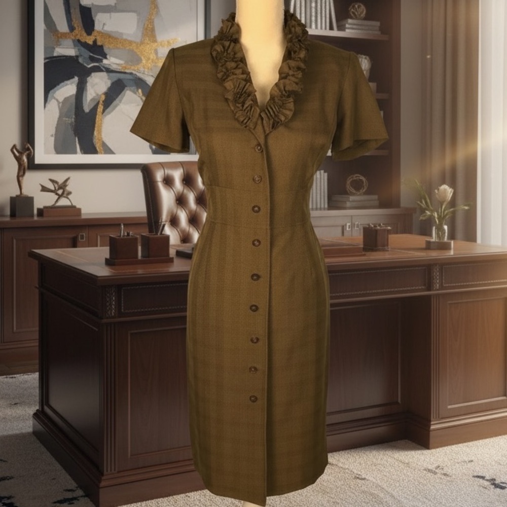 Danny & Nicole Brown Short Sleeve Button Front Career Ruffle Collar Dress Sz 12